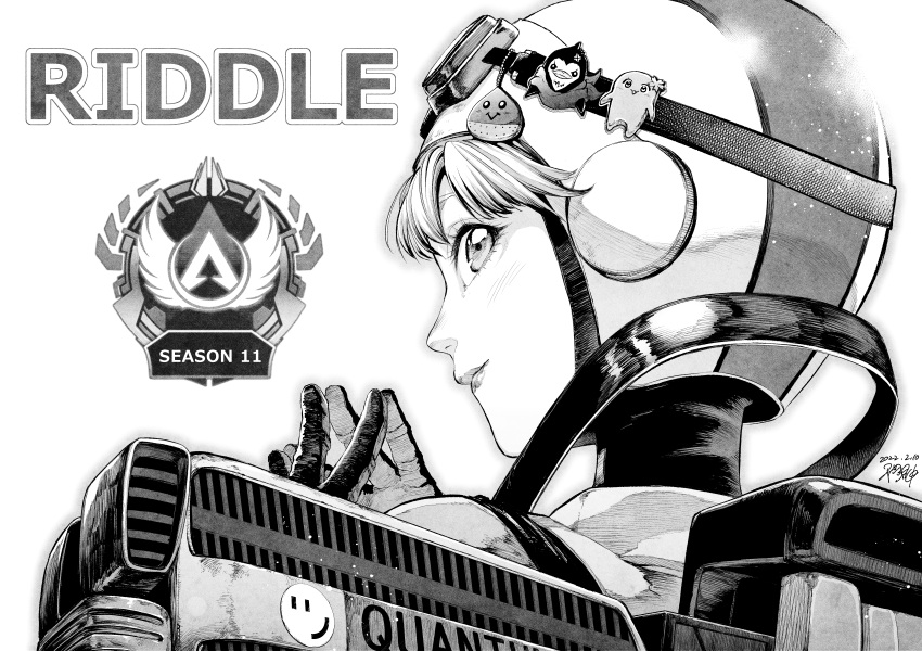1girl absurdres apex_legends bangs from_behind gloves goggles goggles_on_headwear greyscale helmet highres hiraoka_koushi looking_back maron_(gamer) monochrome official_alternate_costume own_hands_together riddle_order signature smile solo sqla vodka_(gamer) wattson_(apex_legends) white_background wired_for_speed_wattson