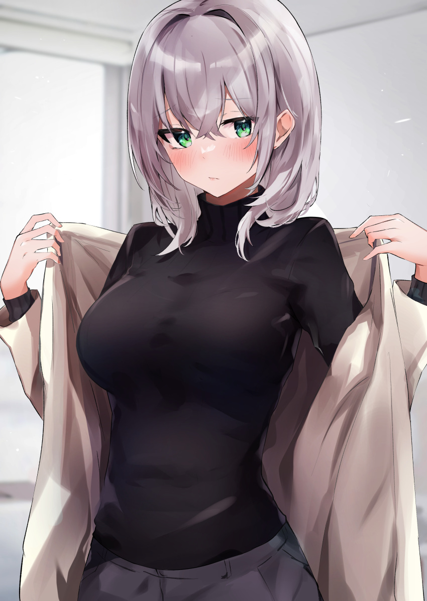 1girl absurdres bangs black_sweater blush breasts brown_jacket closed_mouth commentary_request eyebrows_visible_through_hair green_eyes hair_between_eyes highres hololive indoors jacket large_breasts long_sleeves looking_at_viewer medium_hair nanashinayuzu_mochi open_clothes open_jacket shirogane_noel sideways_glance silver_hair solo sweater turtleneck turtleneck_sweater upper_body virtual_youtuber