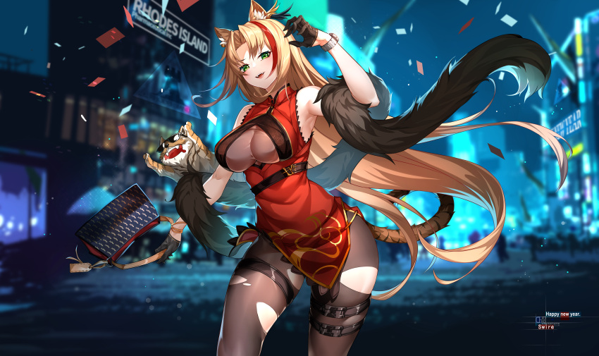 1girl :d absurdres animal animal_ear_fluff animal_ears arknights arm_up armpits bag bangs bare_shoulders black_legwear blonde_hair character_name city cleavage_cutout clothing_cutout confetti d._joko dress fur_shawl green_eyes handbag happy_new_year highres holding holding_bag lipstick long_hair looking_at_viewer makeup multicolored_hair new_year night official_alternate_costume open_mouth outdoors pantyhose parted_bangs red_dress redhead short_dress skindentation smile solo_focus sunglasses swire_(arknights) swire_(honor_and_splendor)_(arknights) tail thigh_strap tiger tiger_ears tiger_girl tiger_tail torn_clothes torn_legwear two-tone_hair v-shaped_eyebrows very_long_hair watch watch wristband