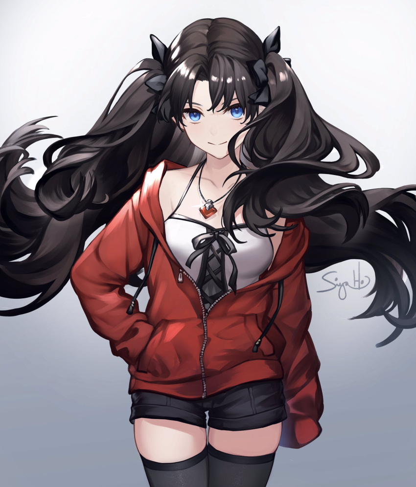 1girl black_hair black_legwear blue_eyes breasts closed_mouth fate/stay_night fate_(series) highres hood hoodie jewelry long_hair long_sleeves looking_at_viewer necklace open_clothes open_hoodie short_shorts shorts signature simple_background siya_ho small_breasts smile solo standing thigh-highs tohsaka_rin twintails unzipped zettai_ryouiki