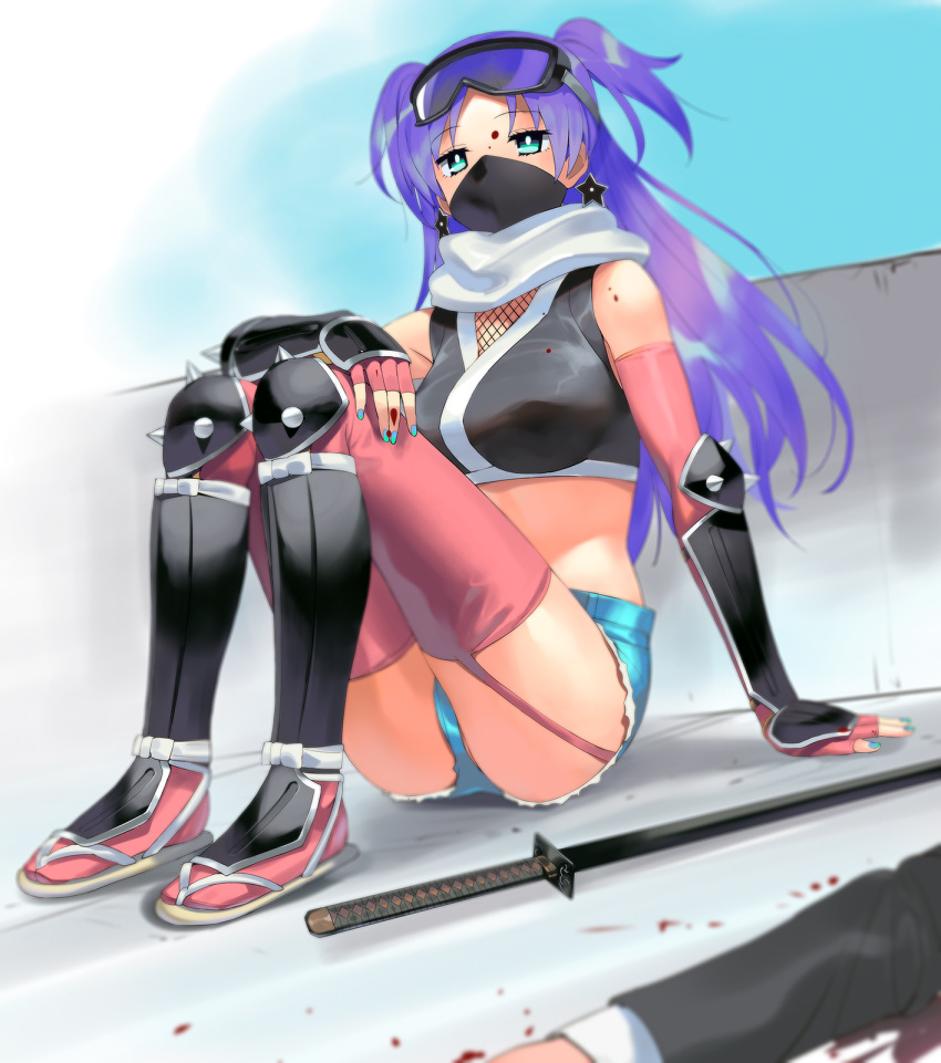 1girl a1 aqua_eyes aqua_nails arm_support blood blood_on_arm blood_on_face blue_shorts breasts commentary_request copyright_request denim denim_shorts earrings elbow_gloves fingerless_gloves fingernails full_body gloves goggles goggles_on_head highres jewelry large_breasts long_hair mask mouth_mask nail_polish ninja pink_gloves pink_legwear purple_hair scarf shorts shuriken_earrings sitting solo_focus thigh-highs two_side_up white_scarf