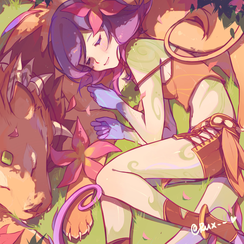 2girls absurdres bangs bare_shoulders blue_hair blush breasts claws closed_eyes closed_mouth fangs flower hair_flower hair_ornament highres league_of_legends lying multicolored_hair multiple_girls neeko_(league_of_legends) nidalee on_back pink_flower pink_hair ruan_chen_yue shiny shiny_hair signature sleeping smile tail vastaya