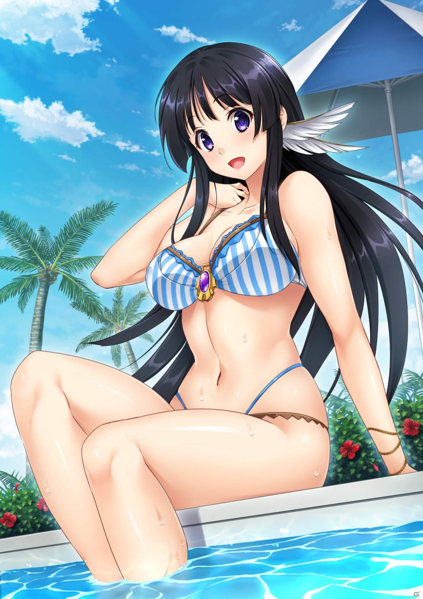 1girl :d bangs bare_arms bare_legs bikini black_hair blue_sky breasts bush clouds collarbone day eyebrows_visible_through_hair flower highres jinki jinki_resurrection long_hair looking_at_viewer medium_breasts navel official_art open_mouth outdoors palm_tree pool poolside sidelocks sitting sky smile solo stomach striped striped_bikini swimsuit tree tsunashima_shirou tsuzaki_aoba vertical-striped_bikini vertical_stripes violet_eyes wet wing_hair_ornament