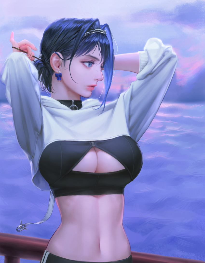1girl absurdres black_bra blue_eyes blue_hair bra breasts chain cleavage_cutout clothing_cutout cropped_hoodie d_9en9 hands_up highres hololive hololive_english hood hood_down hoodie large_breasts linea_alba medium_hair navel ocean ouro_kronii parted_lips ponytail red_lips solo toned triangle_cutout tying_hair underwear white_hoodie