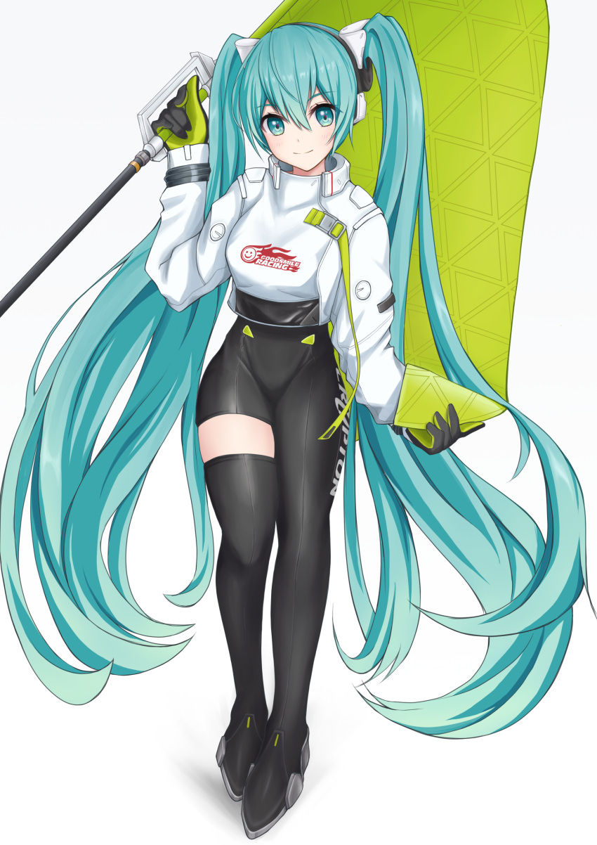 1girl absurdres arm_up asymmetrical_legwear black_bodysuit black_legwear bodysuit commentary crop_top crop_top_overhang cropped_jacket flag flagpole full_body gloves goodsmile_racing green_gloves hair_ornament hatsune_miku highres holding holding_flag holding_pole jacket logo long_hair looking_at_viewer nekoinu_bamboo pole racing_miku racing_miku_(2022) single_thighhigh smile smiley_face solo standing thigh-highs twintails very_long_hair vocaloid white_jacket