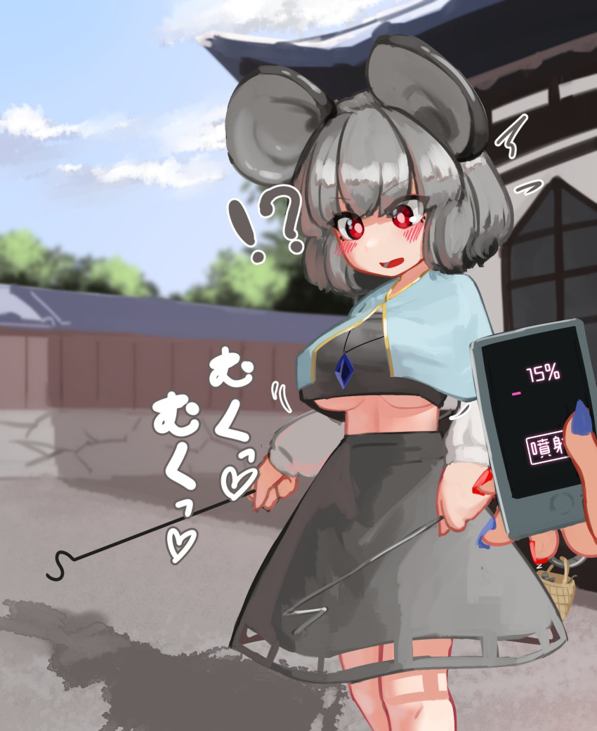 !? 1girl animal_ears bangs blush breast_expansion breasts commentary cowboy_shot dowsing_rod dress eyebrows_visible_through_hair gold_trim grey_dress grey_hair grey_skirt highres holding holding_phone holding_with_tail jewelry large_breasts long_sleeves medium_hair midriff_peek mouse_ears mouse_girl mouse_tail nazrin open_mouth pendant phone prehensile_tail red_eyes skirt standing tail touhou zakozako_y