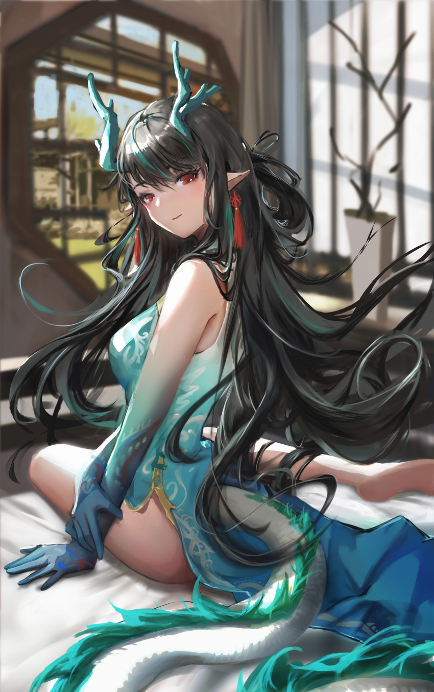 1girl absurdres arknights bangs barefoot black_hair blue_dress blue_hair blue_skin breasts colored_skin commentary_request dragon_horns dragon_tail dress dusk_(arknights) dusk_(everything_is_a_miracle)_(arknights) earrings eyebrows_visible_through_hair from_behind hair_between_eyes highres horns indoors jewelry long_hair looking_at_viewer looking_back medium_breasts multicolored_hair official_alternate_costume on_bed pointy_ears red_eyes sishima sitting sitting_on_bed sleeveless sleeveless_dress solo streaked_hair tail tail_through_clothes tassel tassel_earrings very_long_hair
