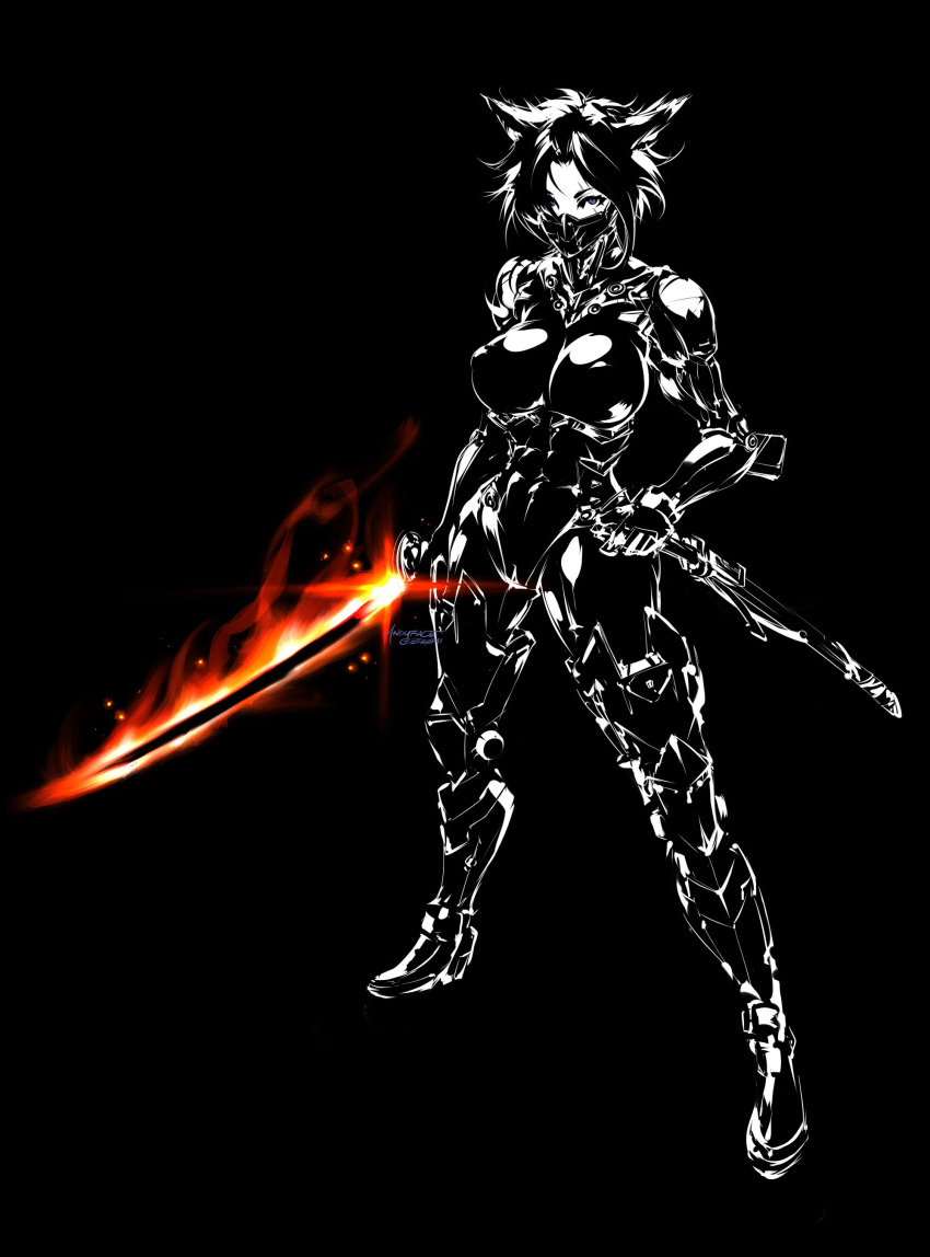 1girl abs absurdres andyface animal_ears bangs black_background black_hair bodysuit boots breasts character_request commentary covered_abs covered_mouth embers english_commentary fire full_body glowing glowing_sword glowing_weapon hair_over_one_eye highres holding holding_knife holding_sword holding_weapon knife large_breasts mask parted_bangs scar scar_on_face short_hair sidelocks simple_background solo standing sword thigh-highs thigh_boots violet_eyes weapon