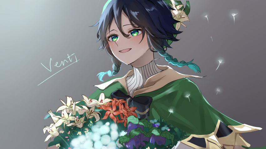 1boy androgynous bangs beret bertha black_hair blue_hair blush bouquet braid character_name collared_cape commentary_request dandelion_seed english_text flower genshin_impact gradient_hair green_eyes green_headwear hair_flower hair_ornament hat highres leaf male_focus multicolored_hair open_mouth red_flower short_hair_with_long_locks side_braids sidelocks simple_background smile solo twin_braids venti_(genshin_impact) white_flower