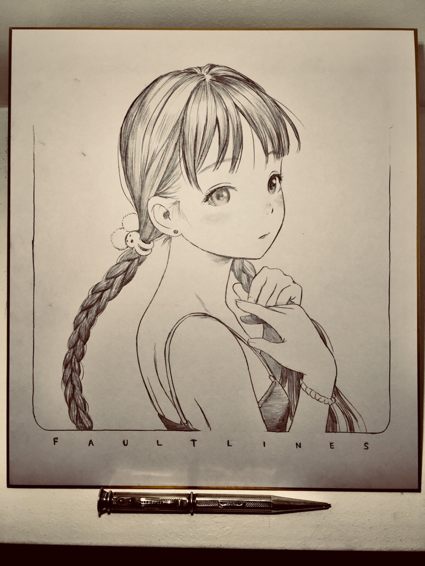 1girl bangs bare_shoulders bead_bracelet beads border bracelet braid closed_mouth earrings english_text from_side graphite_(medium) greyscale hair_ornament hands_up highres holding holding_hair jewelry long_hair looking_at_viewer looking_to_the_side mechanical_pencil monochrome murata_range original pencil photo_(medium) shikishi sleeveless solo traditional_media twin_braids upper_body