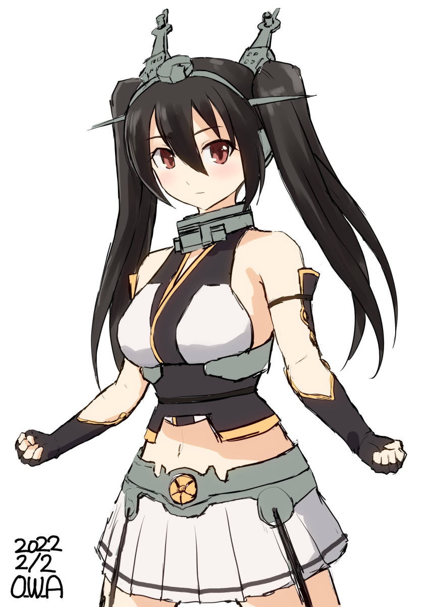 alternate_hairstyle artist_name black_gloves black_hair clenched_hand commentary_request cowboy_shot dated elbow_gloves fingerless_gloves gauntlets gloves headgear highres kantai_collection long_hair midriff miniskirt nagato_(kancolle) one-hour_drawing_challenge owa_(ishtail) pleated_skirt red_eyes skirt sleeveless standing twintails white_skirt