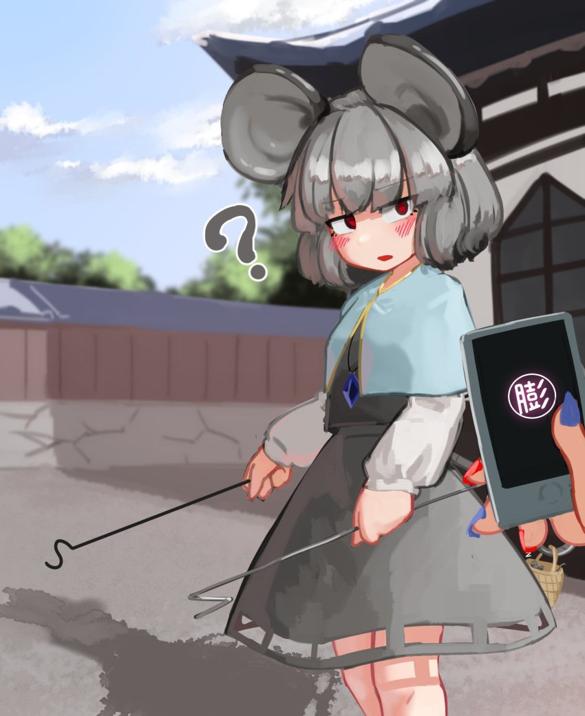 1girl ? animal_ears bangs blush commentary cowboy_shot dowsing_rod dress eyebrows_visible_through_hair gold_trim grey_dress grey_hair grey_skirt highres holding holding_phone holding_with_tail jewelry long_sleeves looking_at_another looking_to_the_side medium_hair mouse_ears mouse_girl mouse_tail nazrin open_mouth pendant phone prehensile_tail red_eyes skirt standing tail touhou zakozako_y