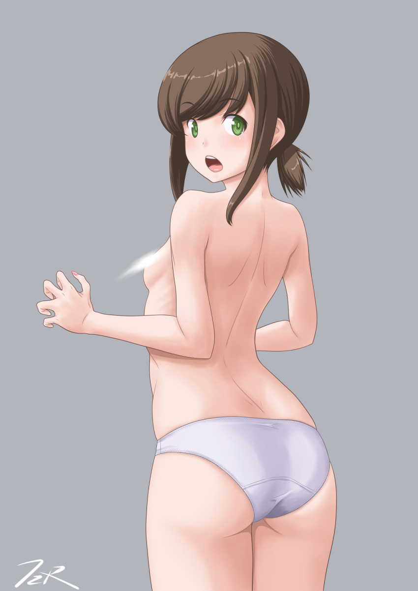 1girl ass black_hair breasts commentary_request from_behind fubuki_(kancolle) green_eyes highres kantai_collection light_censor long_hair looking_at_viewer looking_back low_ponytail open_mouth panties ponytail round_teeth short_ponytail sidelocks simple_background small_breasts solo t2r teeth topless underwear underwear_only upper_teeth white_background white_panties