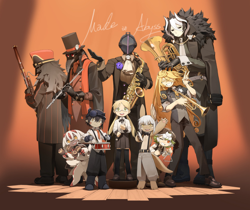 4boys 6+girls absurdres alternate_costume animal_ears black_cape black_coat black_gloves black_hair blonde_hair bondrewd cape coat curly_hair faputa full_body gloves hair_between_eyes highres holding horizontal_pupils instrument jacket knifedragon long_hair looking_at_viewer lyza_(made_in_abyss) made_in_abyss monster_girl multicolored_hair multiple_boys multiple_girls music nanachi_(made_in_abyss) open_mouth orchestra ozen plague_doctor_mask playing_instrument prushka red_eyes regu_(made_in_abyss) riko_(made_in_abyss) saxophone short_hair smile srajo tuba two-tone_hair very_long_hair white_hair yellow_eyes