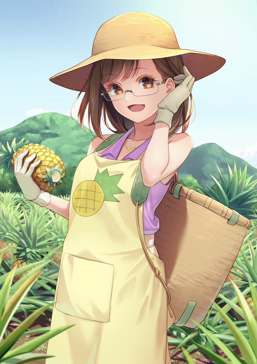 1girl :d absurdres adjusting_hair apron basket brown_eyes brown_hair collarbone food fruit glasses gloves grey_gloves hat highres holding holding_food holding_fruit jewelry long_hair looking_at_viewer necklace open_mouth outdoors pineapple precure purple_shirt rectangular_eyewear rimless_eyewear sakuragawa_saki shirt sleeveless sleeveless_shirt smile solo standing sun_hat tropical-rouge!_precure yellow_apron yellow_headwear yoko-ya_manjirou