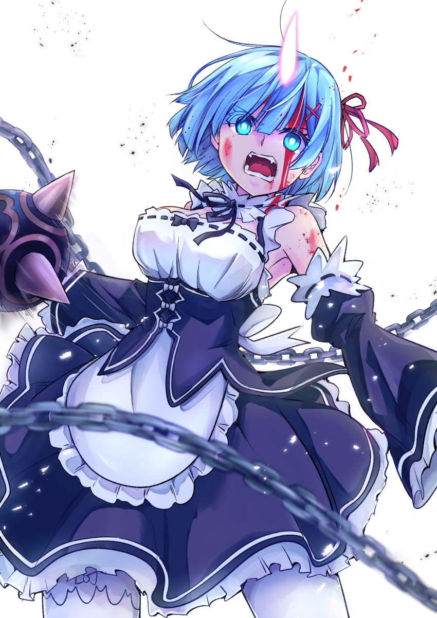 1girl absurdres angry apron ball_and_chain_(weapon) blood blood_on_face blue_eyes blue_hair breasts bright_pupils commentary_request cowboy_shot detached_sleeves facing_viewer glowing glowing_horns hair_over_one_eye hair_ribbon highres holding holding_weapon horns long_sleeves lower_teeth maid maid_apron medium_breasts open_mouth re:zero_kara_hajimeru_isekai_seikatsu rem_(re:zero) ribbon roswaal_mansion_maid_uniform short_hair simple_background single_horn solo teeth tongue totot-ss upper_teeth weapon white_background white_legwear white_pupils