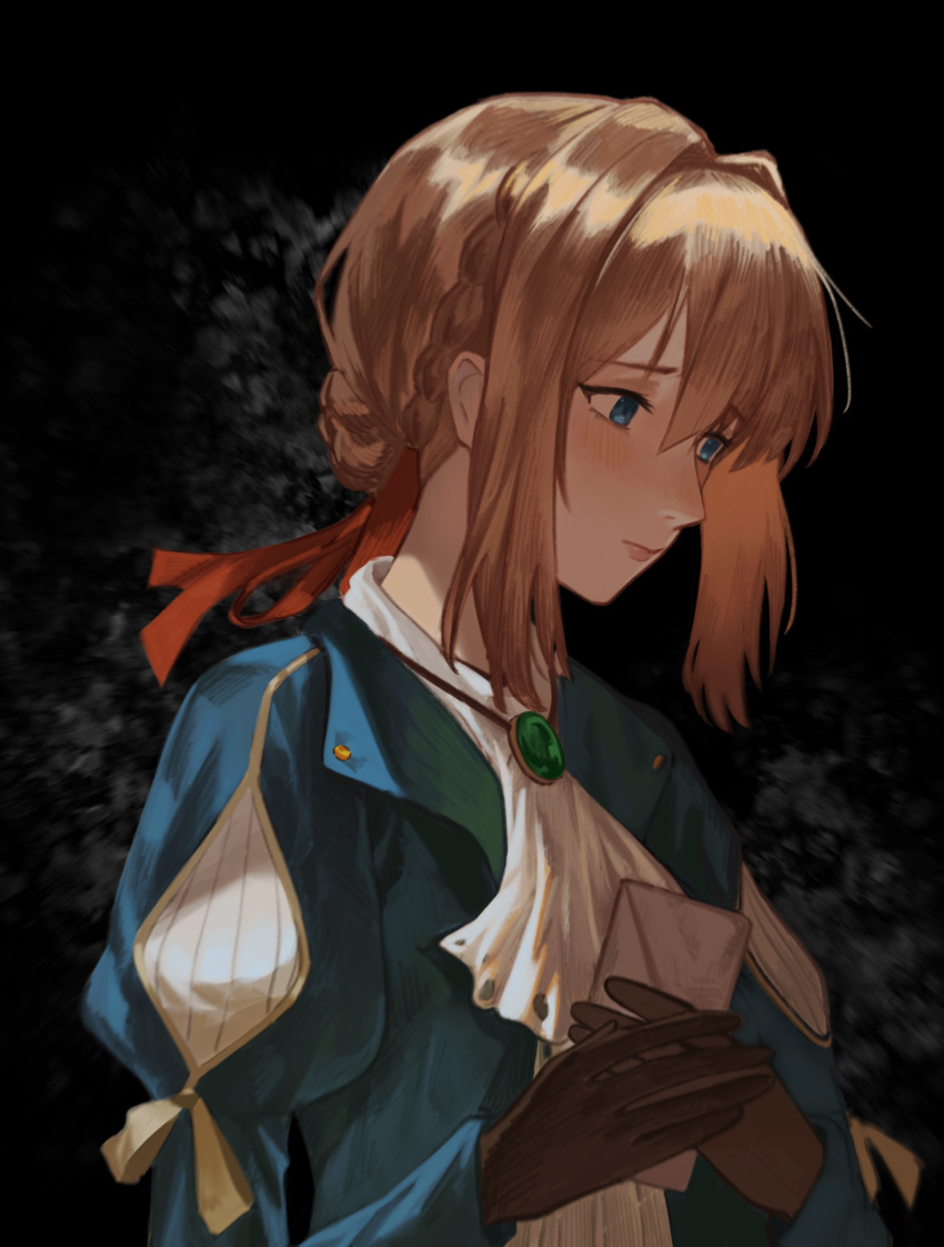 1girl absurdres bangs blonde_hair blue_eyes blush braid closed_mouth formal gloves highres ikukan jewelry looking_away medium_hair necklace own_hands_together simple_background solo tied_hair violet_evergarden violet_evergarden_(series)