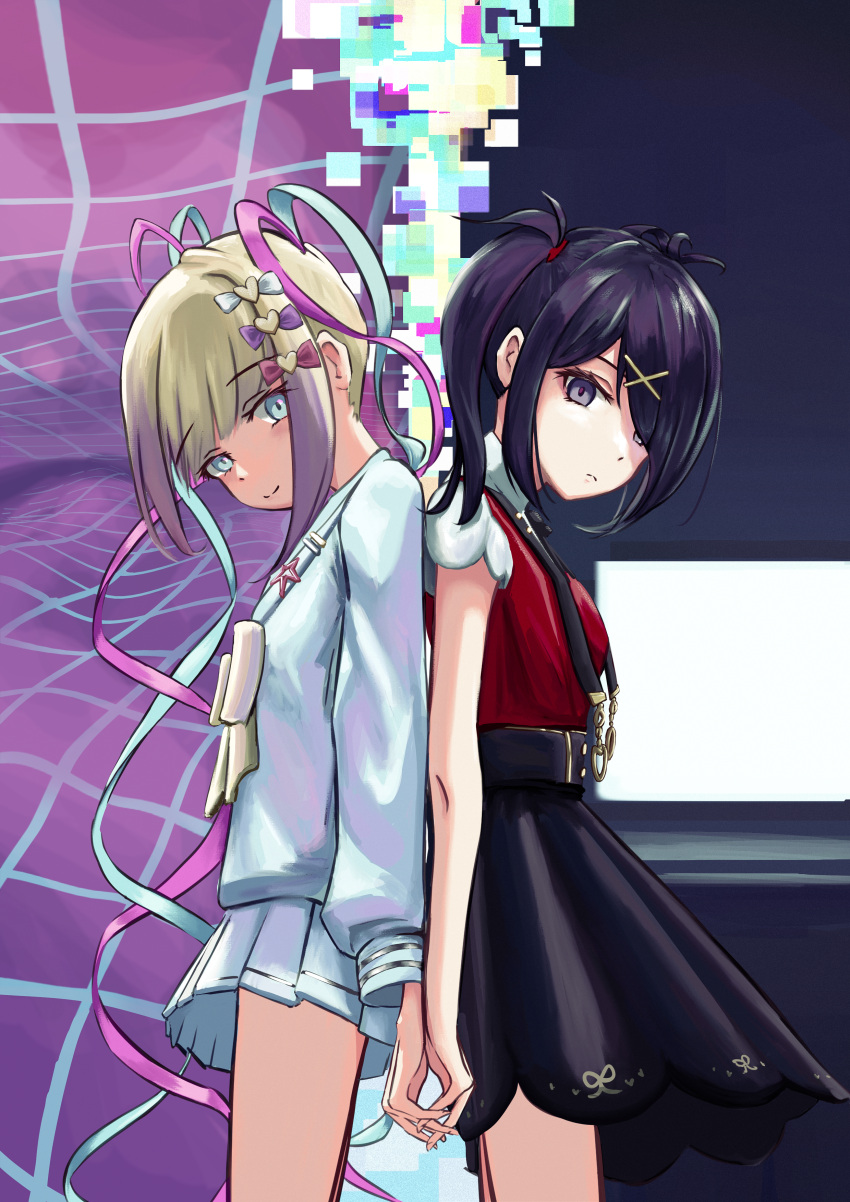 2girls absurdres ame-chan_(needy_girl_overdose) back-to-back bangs black_hair blue_eyes blue_hair bow chouzetsusaikawa_tenshi-chan drill_hair frown glitch grey_eyes hair_bow hair_ornament hairband hairpin head_tilt highres holding_hands holographic_clothing kutyutoshi large_bow long_sleeves looking_at_viewer monitor multicolored_hair multiple_girls needy_girl_overdose one_eye_covered pin pink_hair short_hair short_sleeves sidelocks skirt smile suspender_skirt suspenders thighs twin_drills twintails white_hair