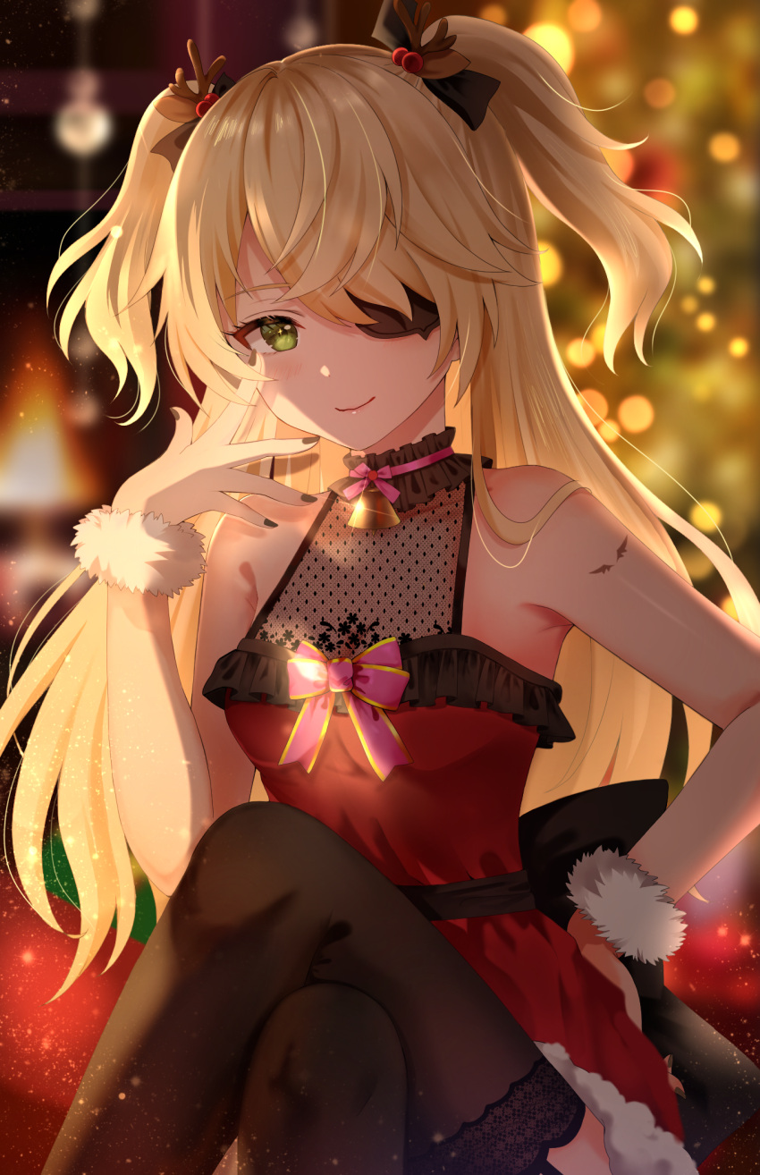 1girl arm_up bangs bell black_choker black_legwear blonde_hair blurry blurry_background breasts choker christmas christmas_tree commentary crossed_legs dress eyepatch fischl_(genshin_impact) fishnets genshin_impact green_eyes hair_between_eyes hair_ornament hair_over_one_eye hand_on_hip highres long_hair looking_at_viewer nasii neck_bell pink_ribbon red_dress revision ribbon sitting small_breasts smile thigh-highs twintails