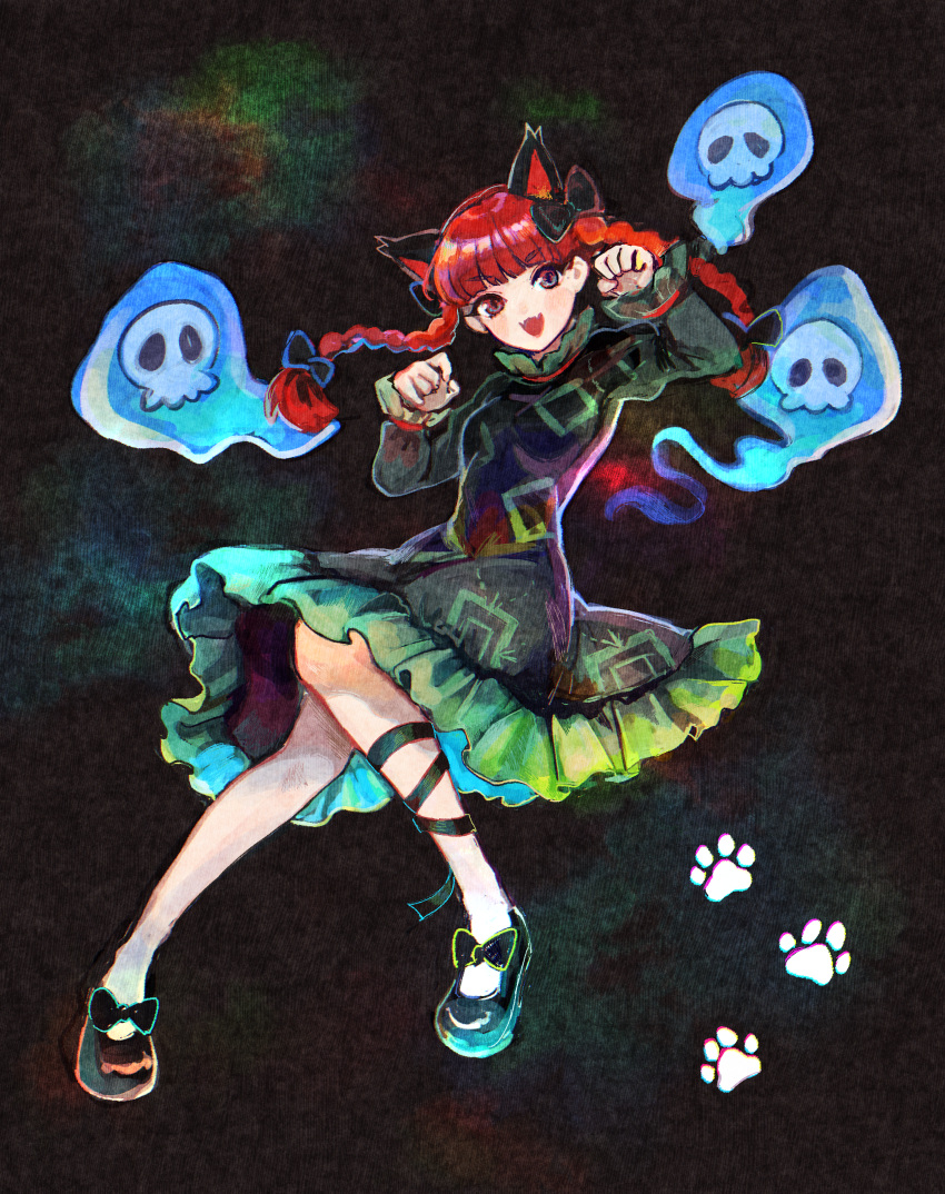 1girl :d absurdres animal_ears bangs black_bow black_footwear black_ribbon blue_fire blunt_bangs bow braid cat_ears chromatic_aberration dark_background dress extra_ears eyebrows_visible_through_hair fangs fire floating_hair floating_skull footwear_bow full_body garan_co green_dress hair_bow hair_ribbon hands_up highres hitodama iridescent juliet_sleeves kaenbyou_rin knees_together_feet_apart leg_ribbon long_sleeves looking_at_viewer paw_pose paw_print petticoat puffy_sleeves red_eyes redhead ribbon simple_background skin_fangs smile solo touhou tress_ribbon twin_braids twintails