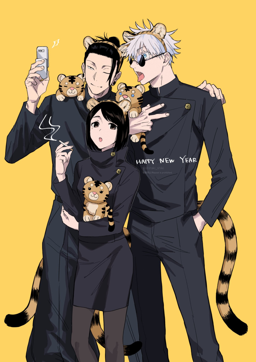 1girl 2boys animal_ears bangs black_eyes black_hair black_jacket black_pants black_skirt blue_eyes cigarette closed_mouth cowboy_shot ear_piercing fake_animal_ears gakuran getou_suguru gojou_satoru hair_bun hair_pulled_back hand_in_pocket happy_new_year highres holding holding_cigarette holding_phone holding_stuffed_toy ieiri_shoko jacket jujutsu_kaisen long_sleeves looking_at_viewer mole mole_under_eye multiple_boys new_year one_eye_closed open_mouth pants phone piercing round_eyewear school_uniform shiraki_(shiraki_shiki) short_hair simple_background skirt smoke standing stuffed_animal stuffed_toy sunglasses swept_bangs tail tiger_ears tiger_tail tongue tongue_out twitter_username v white_hair yellow_background