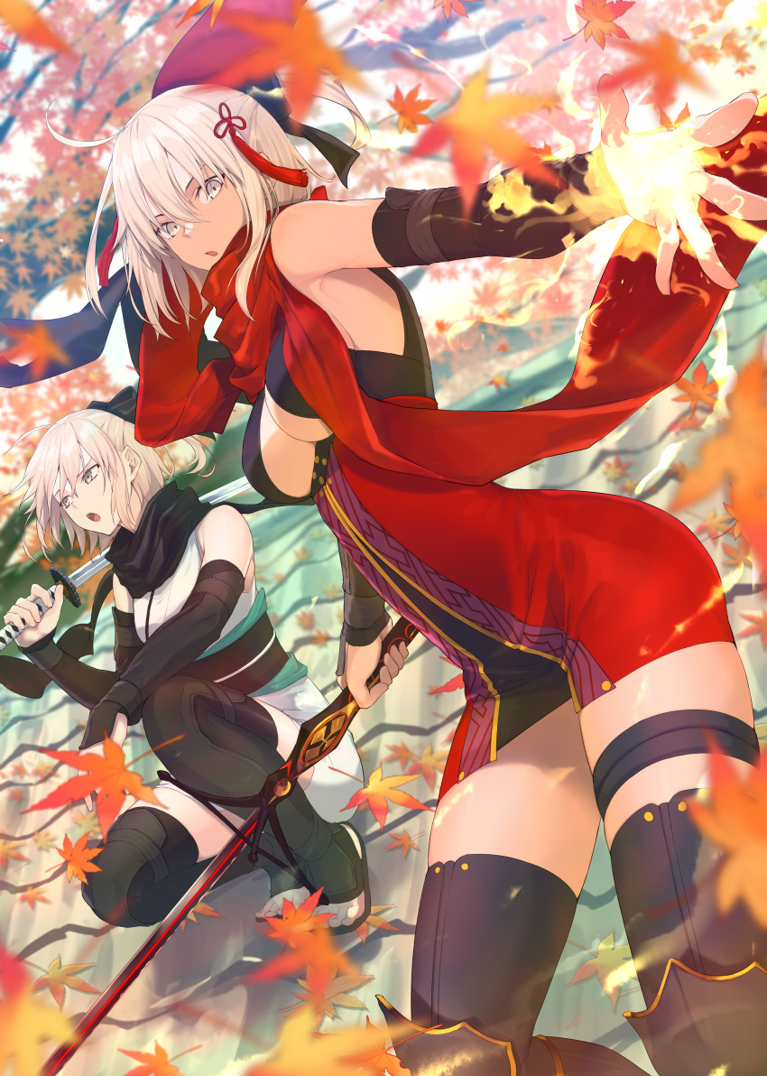 2girls :o absurdres ahoge autumn_leaves bangs black_legwear black_scarf blurry blurry_background blurry_foreground commentary_request detached_sleeves dress elbow_gloves fate/grand_order fate_(series) feet_out_of_frame gloves grey_eyes grey_hair hair_between_eyes highres kurogiri leaf maple_leaf multiple_girls obi okita_souji_(alter)_(fate) okita_souji_(fate) okita_souji_(koha-ace) open_mouth outstretched_hand over_shoulder pencil_dress red_dress red_scarf red_tassel sash scarf sidelocks squatting standing sword sword_over_shoulder thigh-highs tied_hair tree weapon weapon_over_shoulder white_dress