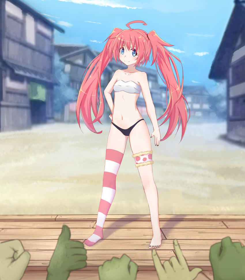 1girl 5others ahoge ass_visible_through_thighs bandeau barefoot black_panties blue_eyes breasts feet full_body hand_on_hip hands highres legs long_hair milim_nava multiple_others nail_polish navel no_pants outdoors panties pink_hair side-tie_panties single_thighhigh small_breasts smile stage striped striped_legwear tensei_shitara_slime_datta_ken thigh-highs thigh_strap thighs toes twintails underwear very_long_hair village white_bandeau