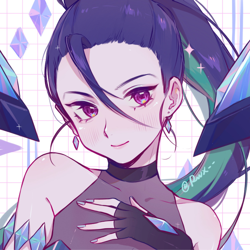 1girl absurdres bangs bare_shoulders black_gloves black_hair blush covered_collarbone crystal earrings fingerless_gloves gloves green_hair hair_between_eyes hand_up highres jewelry k/da_all_out_kai'sa kai'sa league_of_legends long_hair multicolored_hair ponytail portrait ruan_chen_yue shiny shiny_hair signature smile solo two-tone_hair white_background