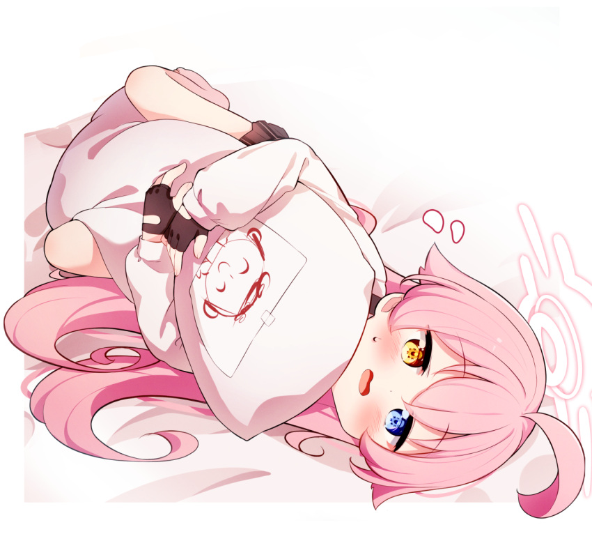 1girl bangs bed_sheet black_gloves black_skirt blue_archive blue_eyes blush body_pillow brown_eyes commentary_request eyebrows_visible_through_hair fingerless_gloves gloves hair_between_eyes halo heterochromia hoshino_(blue_archive) long_hair long_sleeves lying object_hug on_side pillow pillow_hug pink_hair plaid plaid_skirt puffy_long_sleeves puffy_sleeves setmen shirt skirt sleeves_past_wrists solo sweat very_long_hair white_background white_shirt