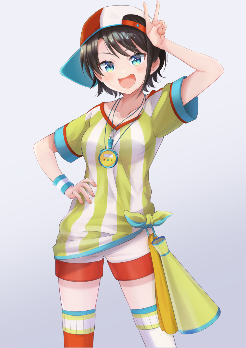 1girl :d absurdres aqua_eyes asymmetrical_legwear backwards_hat bangs baseball_cap blush breasts contrapposto cowboy_shot gradient gradient_background hand_on_hip hat highres hololive looking_at_viewer loose_clothes loose_shirt medium_breasts megaphone mismatched_legwear oozora_subaru open_mouth oversized_clothes oversized_shirt red_headwear red_legwear sakutatsu shirt short_hair shorts smile solo stopwatch striped striped_shirt sweatband swept_bangs t-shirt thigh-highs tied_shirt two-tone_headwear v v-shaped_eyebrows vertical-striped_shirt vertical_stripes virtual_youtuber watch whistle white_headwear white_legwear white_shirt white_shorts wristband yellow_shirt