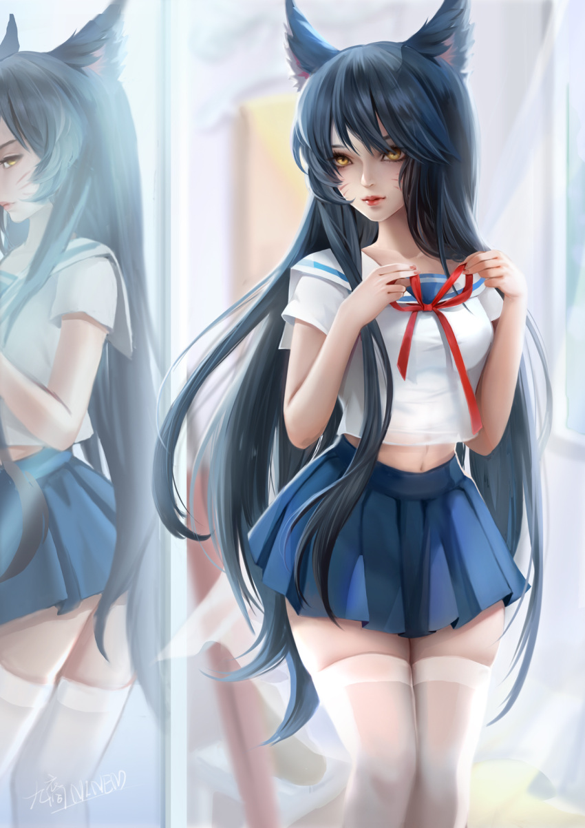 1girl ahri_(league_of_legends) animal_ears bangs black_hair blue_skirt breasts facial_mark feet_out_of_frame fox_ears fox_tail green_eyes hands_up highres large_breasts league_of_legends long_hair looking_at_viewer miniskirt mirror navel pleated_skirt red_ribbon ribbon sailor_collar shirt short_sleeves skindentation skirt smile solo tail thigh-highs whisker_markings white_legwear white_sailor_collar white_shirt xiuluoyi00