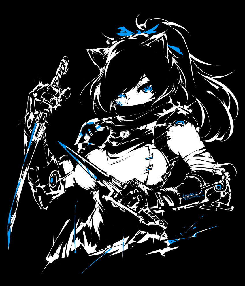 1girl absurdres andyface animal_ears bandages bangs black_background black_hair blue_eyes breasts cat_ears character_request commentary covered_mouth cropped_torso english_commentary gloves hair_tie highres holding holding_weapon large_breasts long_hair looking_at_viewer ponytail simple_background solo swept_bangs upper_body weapon
