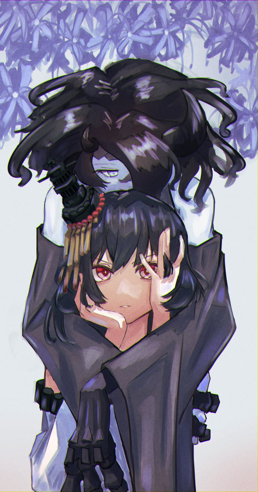 2girls absurdres abyssal_ship black_hair blue_skin character_request colored_skin commentary_request hair_ornament hair_over_one_eye hands_on_own_face highres hug hug_from_behind kantai_collection long_hair looking_at_viewer multiple_girls pale_skin panda_(heart_sink) parted_lips red_eyes short_hair upper_body wide_sleeves yamashiro_(kancolle)