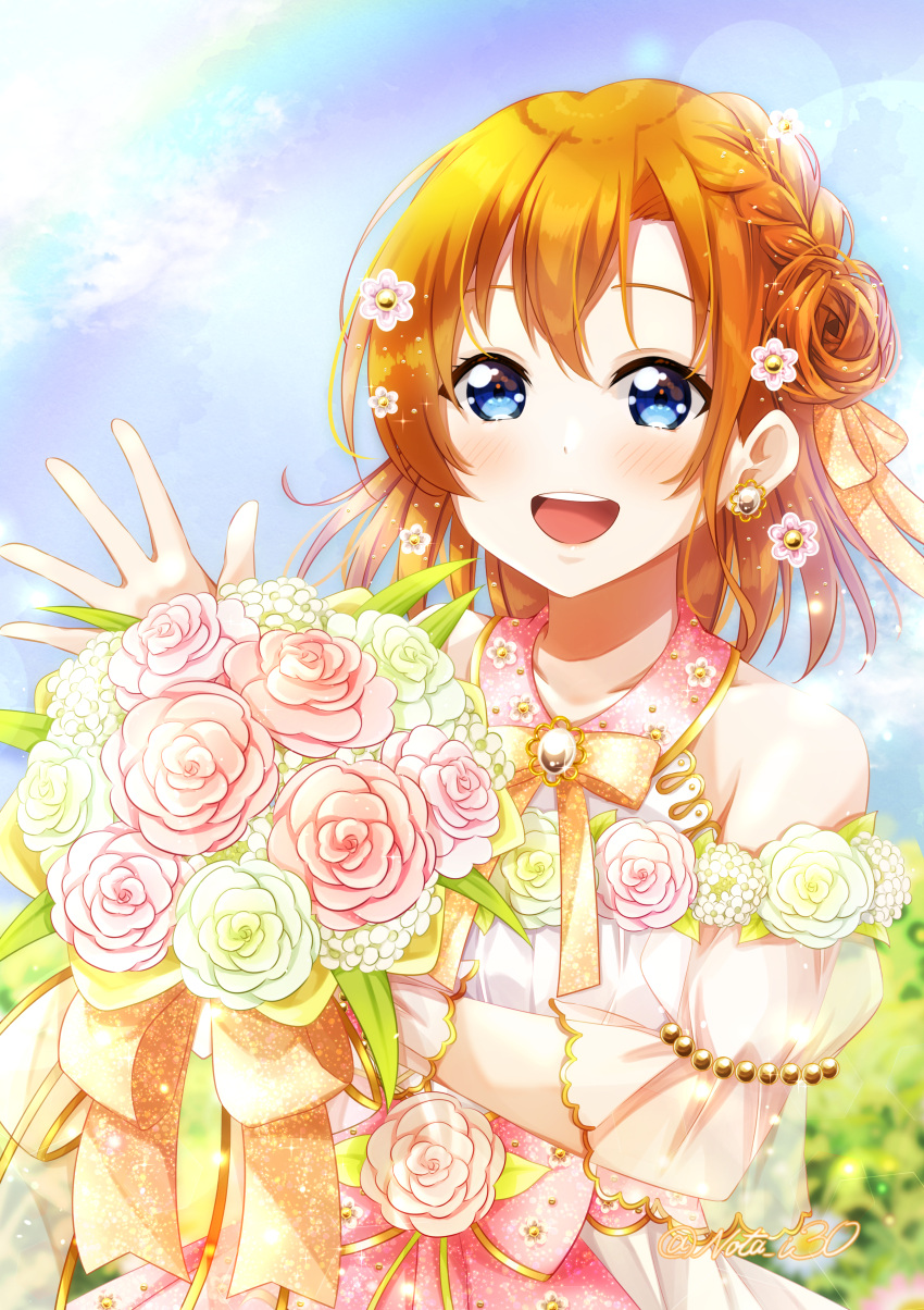1girl :d absurdres bangs blonde_hair blue_eyes blush bouquet braid day detached_sleeves flower hair_between_eyes hair_flower hair_ornament highres holding holding_bouquet kousaka_honoka long_hair looking_at_viewer love_live! love_live!_school_idol_project neck_ribbon nota_ika open_mouth outdoors pink_flower ribbon smile solo standing tied_hair twitter_username white_flower yellow_ribbon