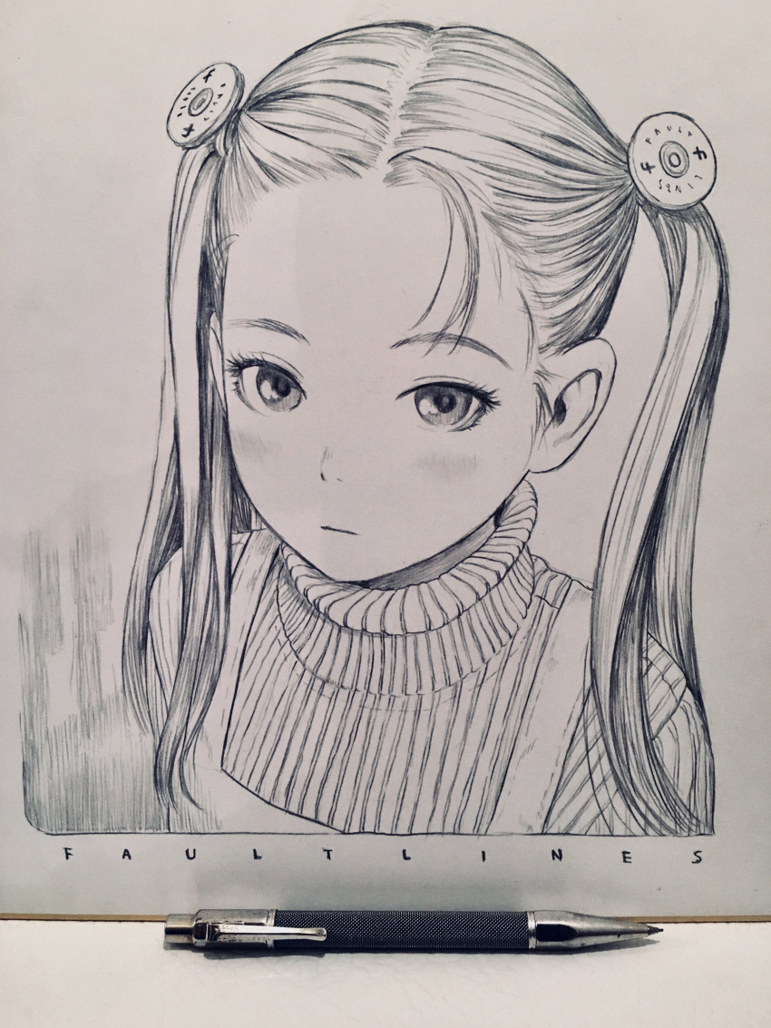 1girl absurdres apron closed_mouth expressionless graphite_(medium) greyscale hair_ornament hatching_(texture) highres long_hair looking_at_viewer mechanical_pencil monochrome murata_range original parted_hair pencil portrait ribbed_sweater shikishi solo sweater traditional_media turtleneck turtleneck_sweater twintails upper_body