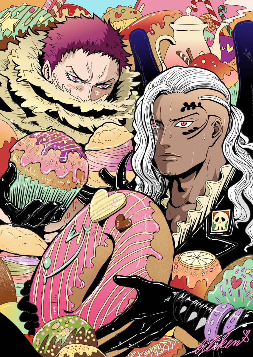 2boys asymmetrical_hair biliken blush cake charlotte_katakuri closed_mouth covered_mouth cupcake dark-skinned_male dark_skin doughnut facial_tattoo food gloves grey_hair highres holding holding_food jacket king_(one_piece) leather leather_gloves lips long_hair male_focus multiple_boys one_piece purple_hair red_eyes scarf scarf_over_mouth shiny shiny_clothes short_hair signature spikes stitches sweat sweets tattoo violet_eyes