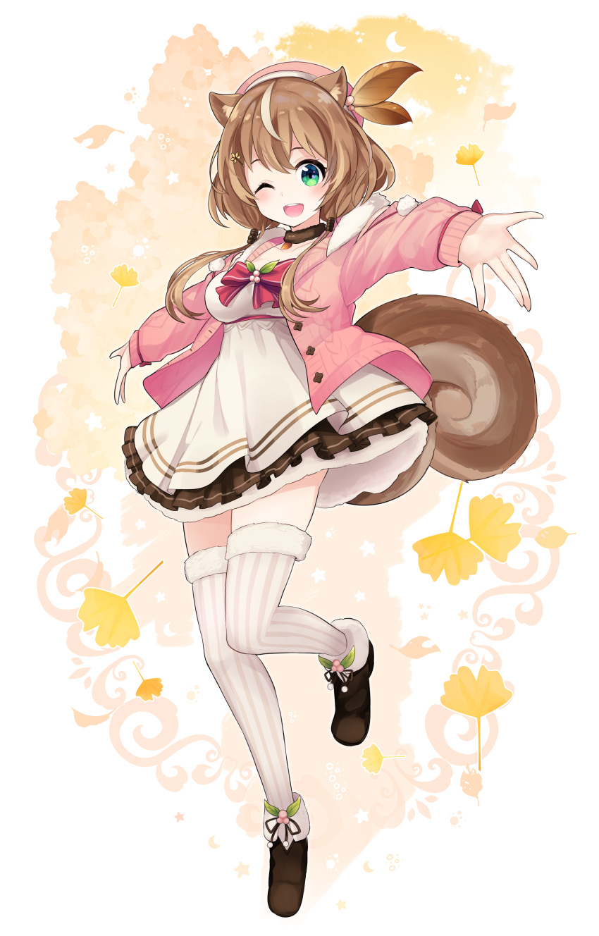 1girl absurdres aho animal_ears anklet ayunda_risu brown_hair cardigan dress floating fold-over_boots fur_trim green_eyes hat highres hololive hololive_indonesia jewelry looking_at_viewer midair one_eye_closed open_cardigan open_clothes open_mouth sidelocks smile solo squirrel_ears squirrel_girl squirrel_tail tail thigh-highs