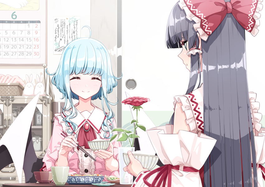 2girls ahoge ascot bangs basket bat_wings black_hair blouse blue_eyes blunt_bangs blush bottle bow bowl brooch buttons calendar_(object) calligraphy choko_(cup) chopsticks closed_eyes closed_mouth commentary commission cucumber_slice cup cupboard detached_sleeves eating eyebrows_behind_hair flower food frilled_bow frilled_hair_tubes frilled_shirt_collar frilled_sleeves frills hair_bow hair_tubes hakurei_reimu hands_up holding holding_bowl holding_chopsticks indoors jewelry leaf light_blue_hair long_hair long_sleeves looking_at_another multiple_girls pink_blouse poster_(object) red_ascot red_bow red_flower red_ribbon red_rose remilia_scarlet ribbon ribbon-trimmed_sleeves ribbon_trim rice rice_bowl rose sakuraba_yuuki shirt short_hair short_hair_with_long_locks sidelocks skeb_commission sleeve_ribbon sleeveless sleeveless_shirt sliding_doors smile stuffed_animal stuffed_bunny stuffed_toy table touhou towel upper_body vase very_long_hair white_shirt white_sleeves wings wooden_table