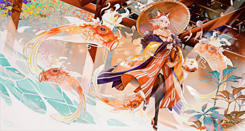 1girl animal_ears carp cat_ears cat_girl expressionless fish full_body furry hair_between_eyes holding holding_umbrella japanese_clothes original red_umbrella shan_gui_yu_yao short_hair solo umbrella water white_hair wide_sleeves