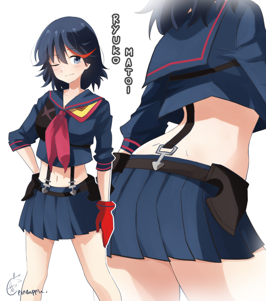 1girl ;) bangs belt black_belt black_hair blue_eyes blue_serafuku blue_skirt character_name commentary crop_top eyebrows_visible_through_hair feet_out_of_frame gloves highres kill_la_kill long_sleeves looking_at_viewer matoi_ryuuko midriff multicolored_hair multiple_views navel neckerchief one_eye_closed pinnn pleated_skirt red_gloves red_neckerchief redhead senketsu short_hair simple_background single_glove skirt skirt_set smile standing stomach streaked_hair white_background