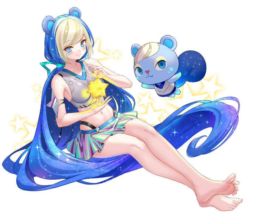 1girl absurdres animal_crossing animal_ears barefoot blue_eyes blue_hair blush drogoth facial_mark highres ione_(animal_crossing) long_hair low_ponytail midriff multicolored_hair navel personification sitting solo sparkle squirrel squirrel_ears star_(sky) star_(symbol) two-tone_hair white_background white_hair