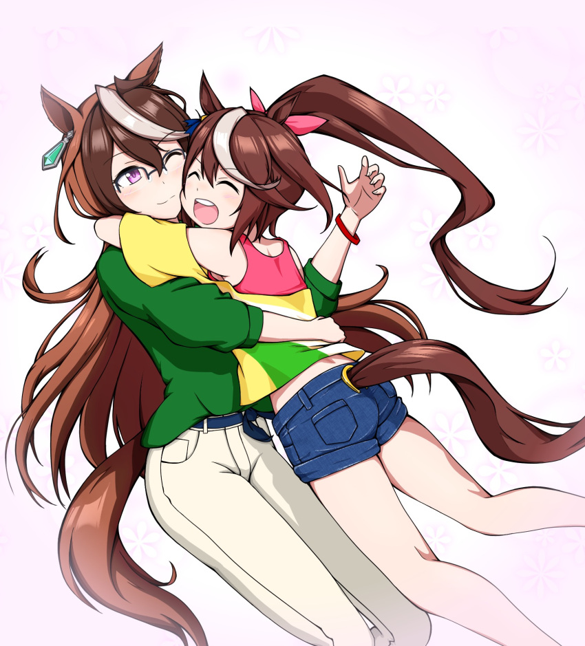 2girls :d animal_ears bangs belt bespectacled black-framed_eyewear blue_belt blue_shorts bracelet brown_hair casual clothing_cutout commentary denim denim_shorts ear_ornament glasses green_shirt hachiko_(kota091986) hair_ribbon highres horse_ears horse_girl horse_tail hug jewelry long_hair long_sleeves looking_at_another multicolored_hair multiple_girls one_eye_closed open_mouth over-rim_eyewear pants pink_ribbon pink_shirt ponytail ribbon semi-rimless_eyewear shirt short_shorts shorts smile standing streaked_hair symboli_rudolf_(umamusume) t-shirt tail tank_top tokai_teio_(umamusume) two-tone_hair umamusume violet_eyes white_hair white_pants yellow_shirt