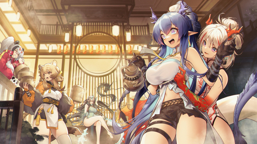 5girls absurdres animal_ear_fluff animal_ears architecture arknights bamboo_steamer bangs baozi bare_legs bare_shoulders barefoot bear_ears black_gloves black_hair black_shorts blue_hair blue_skin blush boots braid breasts brown_hair ceiling_light china_dress chinese_clothes chinese_commentary closed_eyes colored_skin commentary_request corset cowboy_shot crossed_legs detached_collar dragon dragon_girl dragon_horns dragon_tail dress du_(arknights) dusk_(arknights) dusk_(everything_is_a_miracle)_(arknights) earrings east_asian_architecture eating elbow_gloves eyebrows_visible_through_hair eyewear_on_head feater_(arknights) feater_(gourmet)_(arknights) food food_theft fur_shawl gloves gourd gradient_hair gradient_skin green_dress hair_rings highres holding horns indoors ink jacket jewelry jiusan_naitan large_breasts ling_(arknights) long_hair long_sleeves looking_down multicolored_hair multiple_girls navel necktie nian_(arknights) nian_(unfettered_freedom)_(arknights) official_alternate_costume open_clothes open_jacket open_mouth panda pelvic_curtain pointy_ears ponytail puffy_long_sleeves puffy_sleeves red_jacket redhead short_shorts shorts siblings sidelocks silver_hair sisters skindentation sleeveless sleeveless_dress strapless streaked_hair tail tape_measure tassel thigh-highs thigh_boots thighs tiger_ears tiger_girl tiger_tail twintails two-tone_hair underbust v_arms very_long_hair violet_eyes white_dress white_legwear wide-eyed yellow_necktie