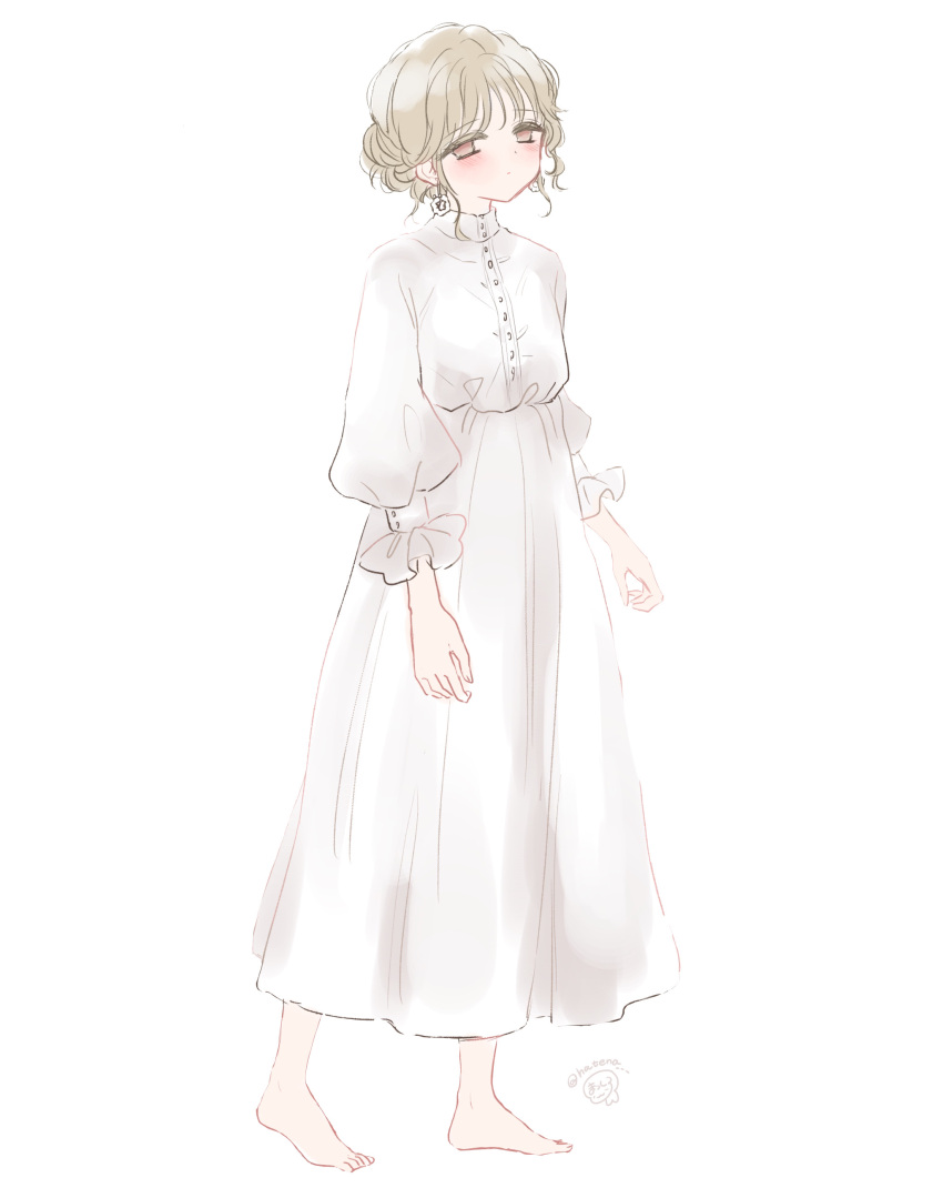 1girl absurdres bangs barefoot blush brown_eyes brown_hair closed_mouth dress eyebrows_visible_through_hair full_body highres long_sleeves looking_at_viewer masshirokachi original puffy_long_sleeves puffy_sleeves simple_background solo standing twitter_username white_background white_dress