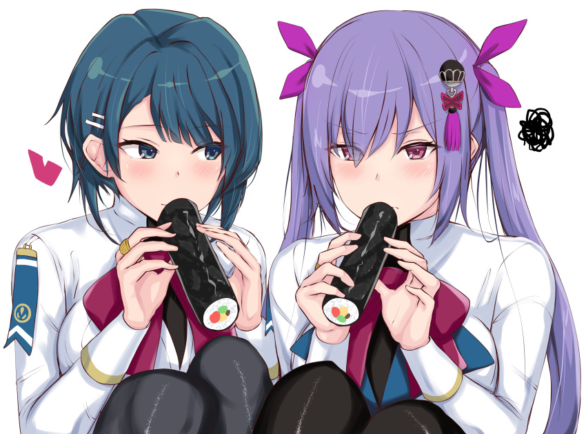 2girls absurdres aizawa_kazuha assault_lily bangs black_legwear blue_eyes blue_hair blush bow bowtie breasts chin_gero closed_mouth commentary_request covered_mouth eyebrows_visible_through_hair food frown grey_legwear hair_behind_ear hair_between_eyes hair_ornament hair_ribbon hairclip hands_up heart herensuge_girls_academy_school_uniform highres holding holding_food jacket jewelry knees_to_chest knees_up large_breasts light_smile long_hair long_sleeves looking_at_another looking_away looking_to_the_side makizushi matsumura_fuuka multiple_girls pantyhose pink_eyes pink_ribbon purple_hair red_bow red_bowtie ribbon ring school_uniform side-by-side sideways_glance simple_background sitting squiggle sushi tassel twintails v-shaped_eyebrows white_background white_jacket