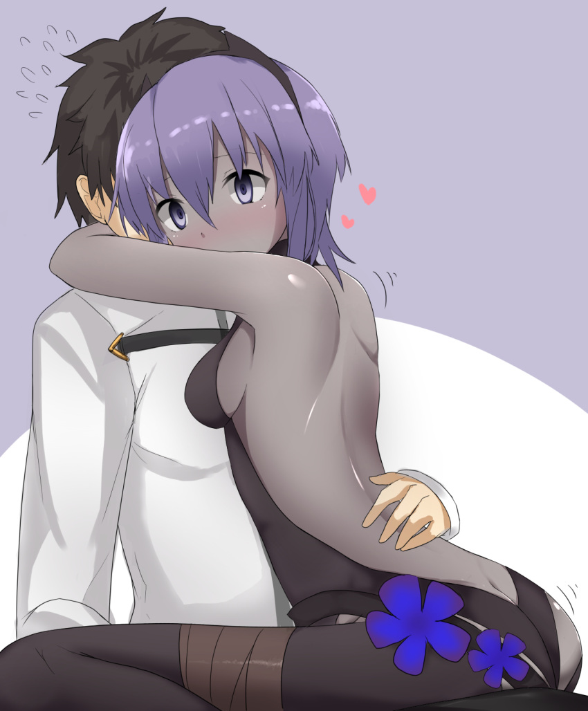 1boy 1girl ass ass_shake back backless_outfit bare_back bare_shoulders blush breasts butt_crack chaldea_uniform colored_skin dark-skinned_female dark_skin fate/grand_order fate/prototype fate/prototype:_fragments_of_blue_and_silver fate_(series) flower fujimaru_ritsuka_(male) grey_skin hassan_of_serenity_(fate) heart highres hug interracial pantyhose purple_hair short_hair sideboob small_breasts sweat violet_eyes yagyuu_katsuda