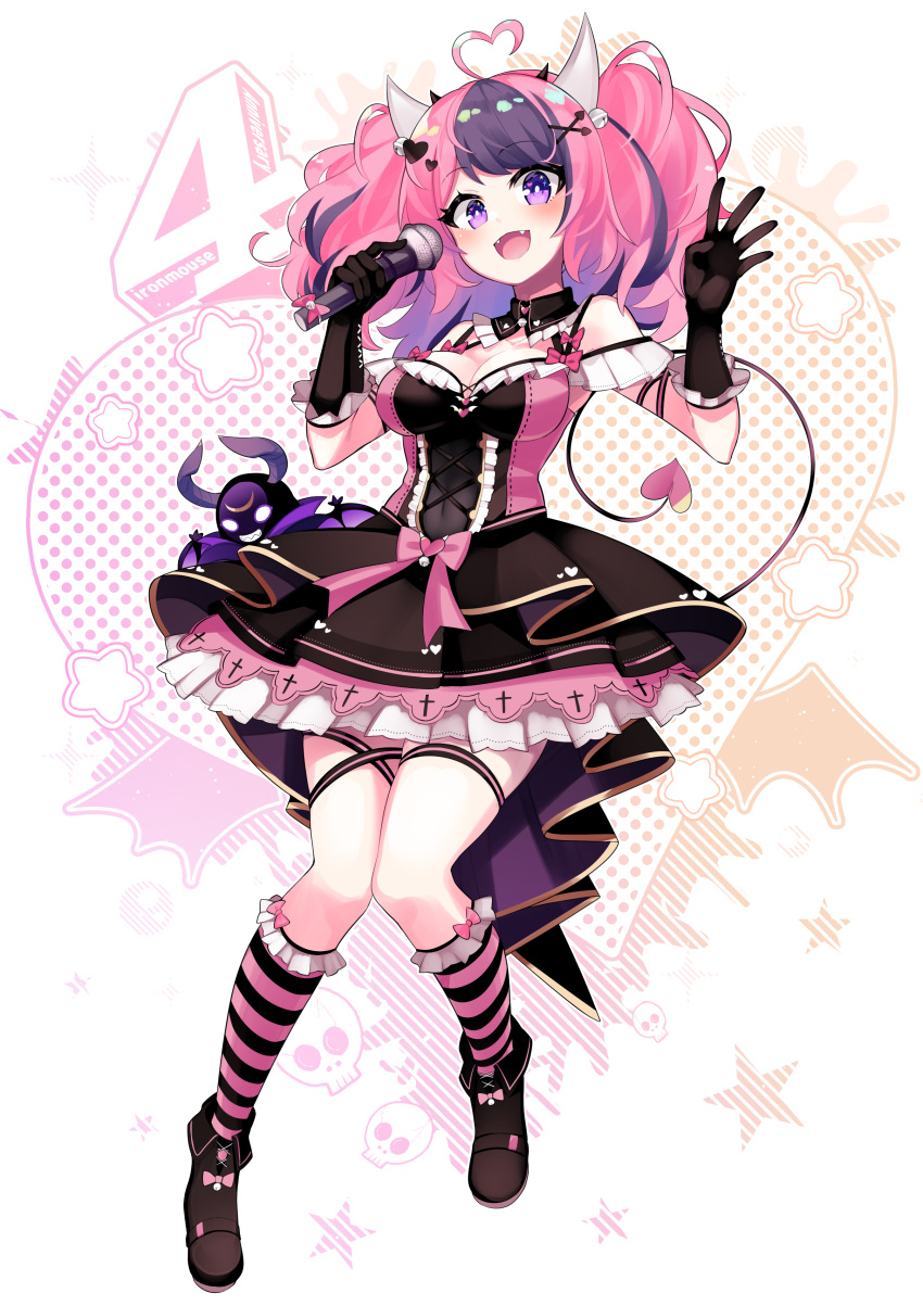 1girl absurdres aho ankle_boots bangs boots breasts demon_tail dress fangs fold-over_boots full_body hands_up highres holding holding_microphone horns ironmouse layered_dress looking_at_viewer medium_breasts medium_hair microphone multicolored_hair open_mouth pink_hair smile socks solo streaked_hair tail thigh_strap twintails violet_eyes vshojo