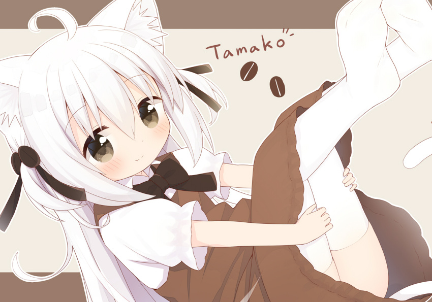 1girl ahoge animal_ears ayanepuna bangs black_bow black_ribbon blush bow brown_background brown_dress brown_eyes cat_ears cat_girl cat_tail character_name closed_mouth collared_shirt commentary_request dress eyebrows_visible_through_hair hair_between_eyes hair_ribbon legs_up looking_at_viewer lying no_shoes on_back original puffy_short_sleeves puffy_sleeves ribbon shirt short_sleeves sleeveless sleeveless_dress smile soles solo tail thigh-highs two-tone_background two_side_up white_hair white_legwear white_shirt