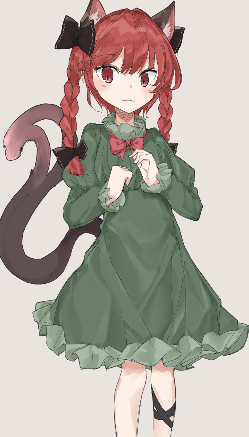 1girl :3 absurdres animal_ear_fluff animal_ears bangs black_bow black_ribbon blush bow bowtie braid cat_ears cat_tail closed_mouth dress extra_ears eyebrows_visible_through_hair feet_out_of_frame forked_tail frills green_dress grey_background hair_bow hair_ribbon highres juliet_sleeves kaenbyou_rin leg_ribbon light_smile long_sleeves looking_at_viewer nekomata petticoat puffy_sleeves red_bow red_bowtie red_eyes redhead ribbon simple_background solo standing subaritsuku tail touhou tress_ribbon twin_braids twintails