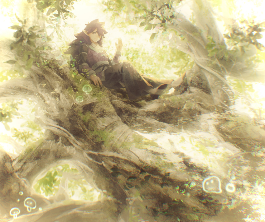 1boy black_footwear black_pants chromatic_aberration fengxi_(the_legend_of_luoxiaohei) hair_over_one_eye highres leaf long_hair long_sleeves pants plant pointy_ears purple_hair setani_o shoes sitting solo the_legend_of_luo_xiaohei tree wide_shot